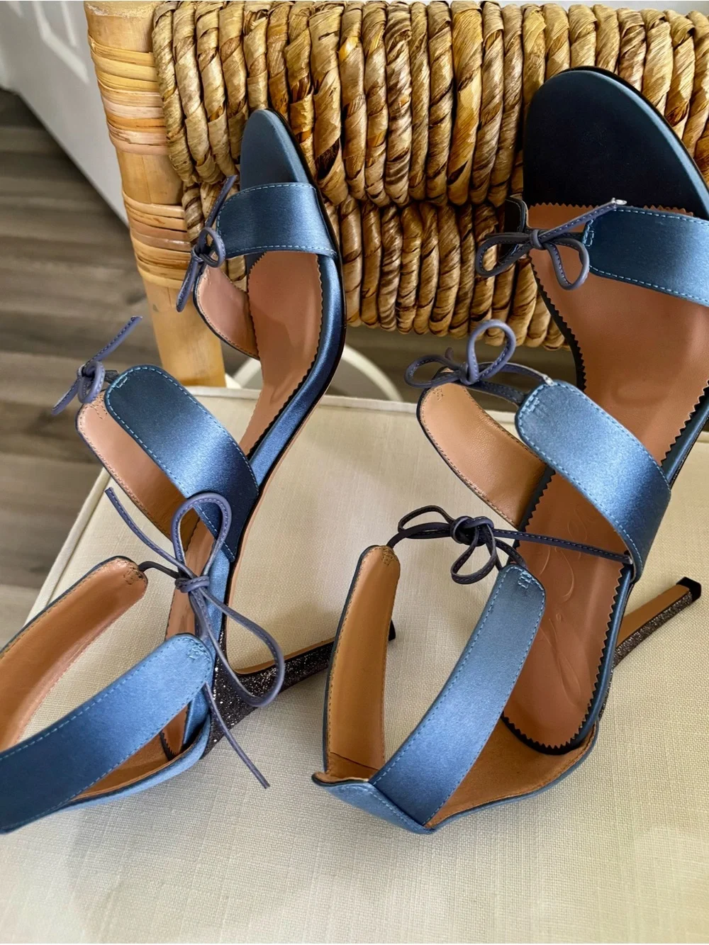 J. Crew Collection “Rylie” Blue Satin Triple Bow/Strap Sexy Heeled Sandal